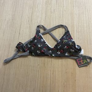 BCA by Rebecca Virtue Black Polka Dot Flowers Stripes Bikini Top Large New